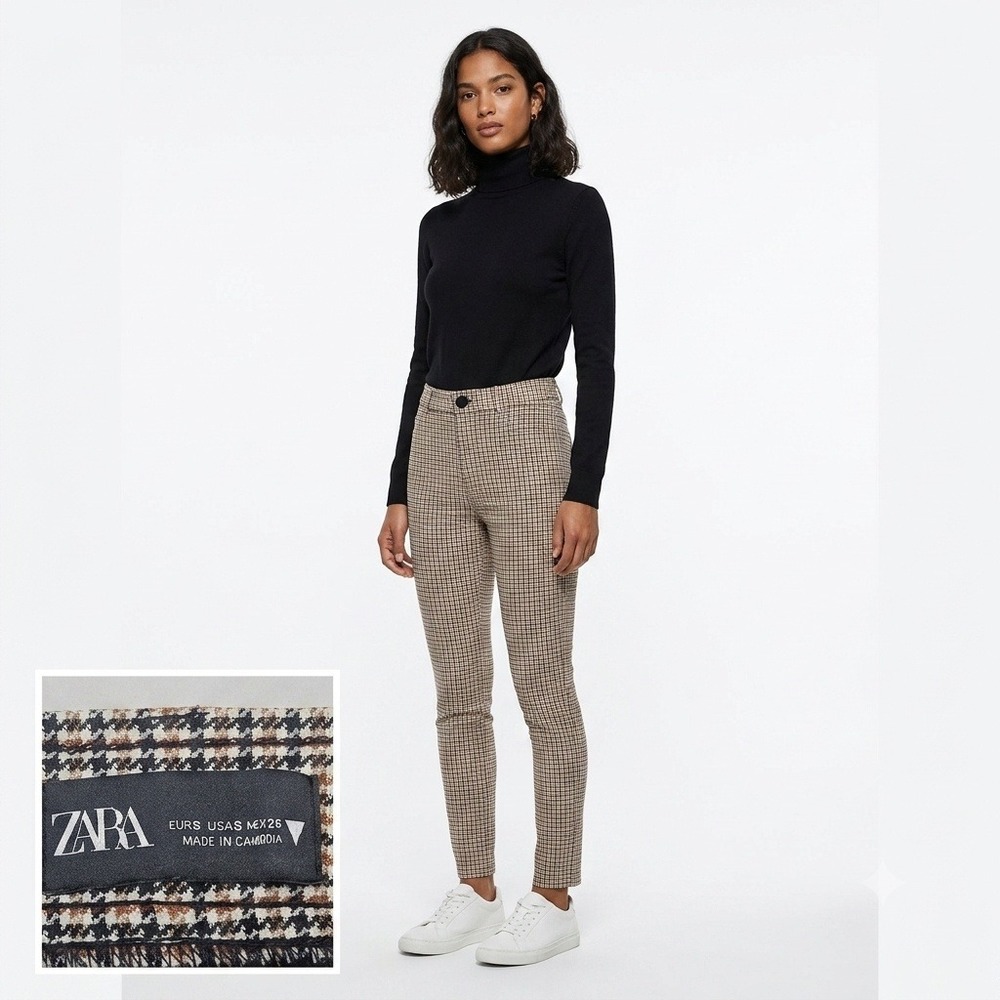 Zara Skinny Trousers Women Size 26 Tan Black Houndstooth High Rise Check Pants
